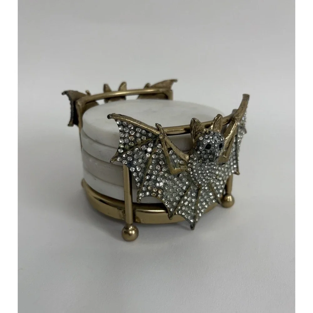 Set Of 4 Gold Diamond Rhinestones Bat Halloween Holder Marble Coasters Goth Glam